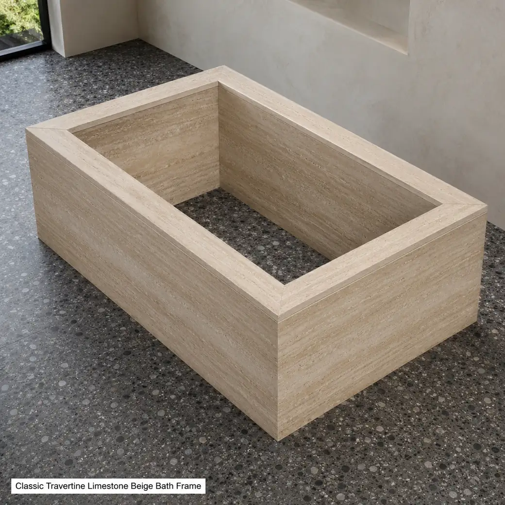 High-angle warm travertine bath frame in bright spa, showing top ledges, mitred corners and aligned stone panels.