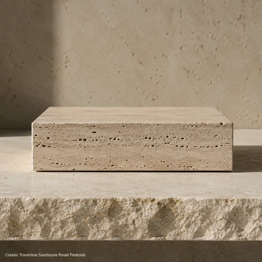 Eye-level sand beige travertine display riser on limestone, showing its 5 cm block profile and deeply shadowed brushed pores.