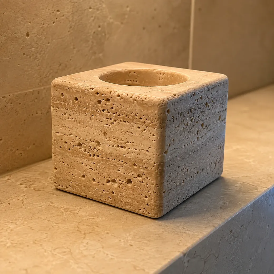 Rear three-quarter travertine tealight holder on pale stone, showing warm banding, open side pores and empty recess.
