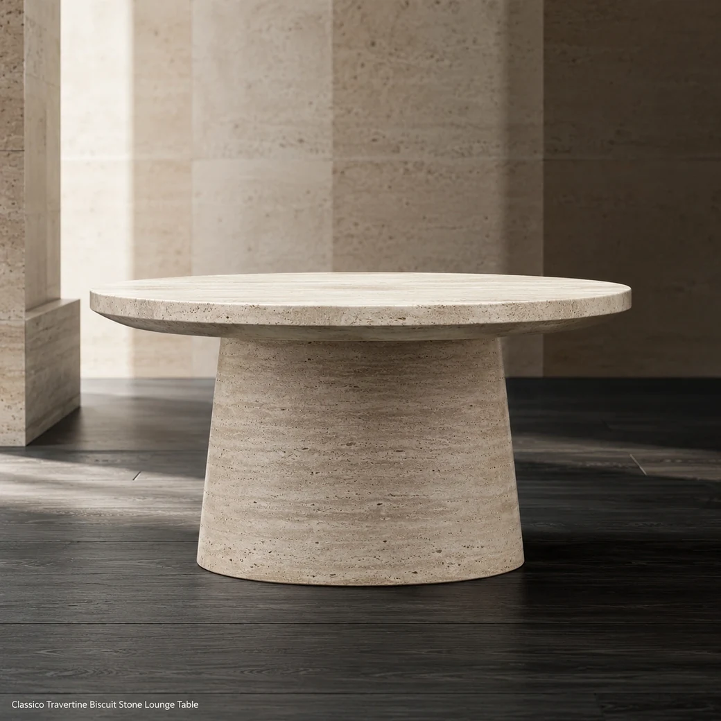 Side-profile biscuit beige Italian travertine coffee table with filled honed round top and pedestal