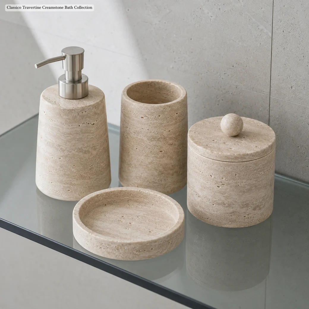 Classico travertine bathroom accessories arranged in a semicircle on pale smoked glass