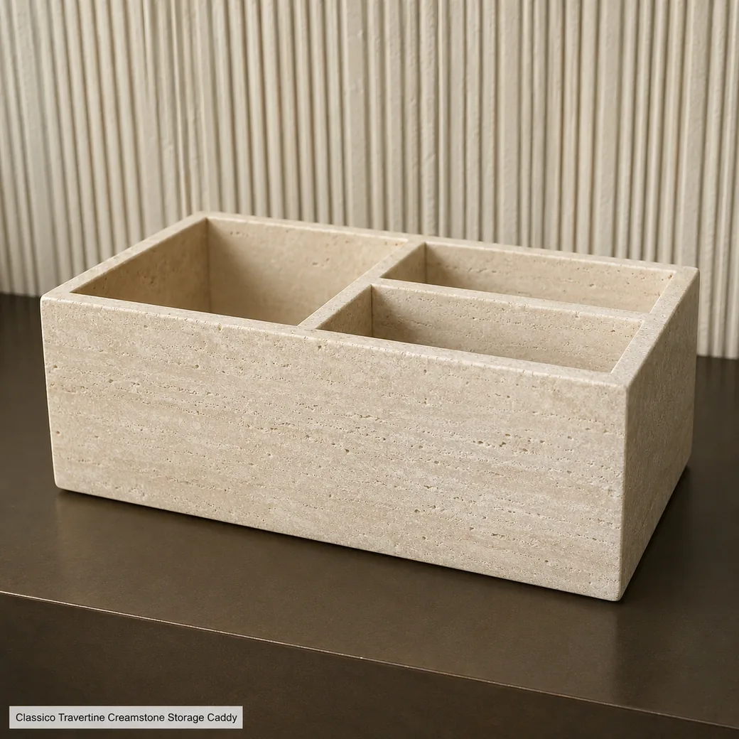 Low-angle cream travertine bathroom organizer with three empty compartments and matte honed finish