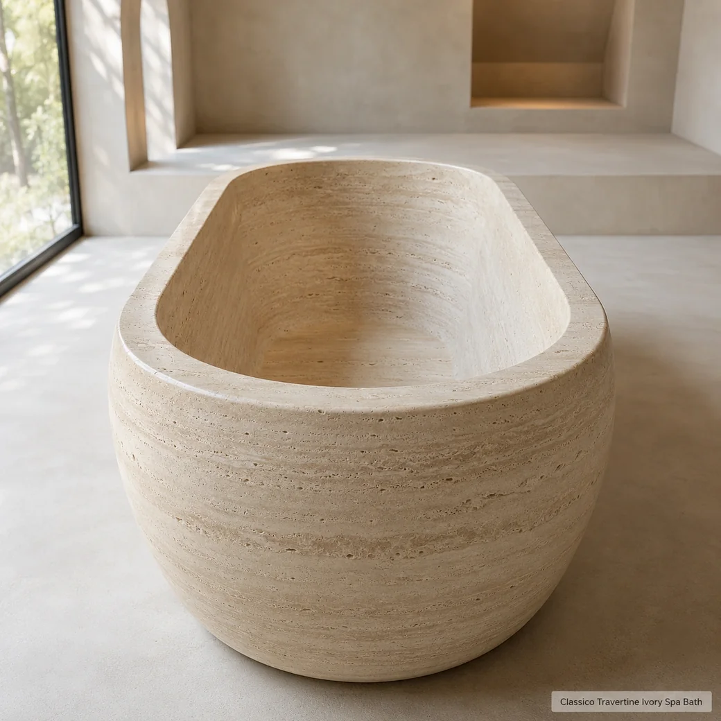 Low end view of warm ivory travertine spa bath, emphasizing thick carved walls, deep basin and linear stone bands.