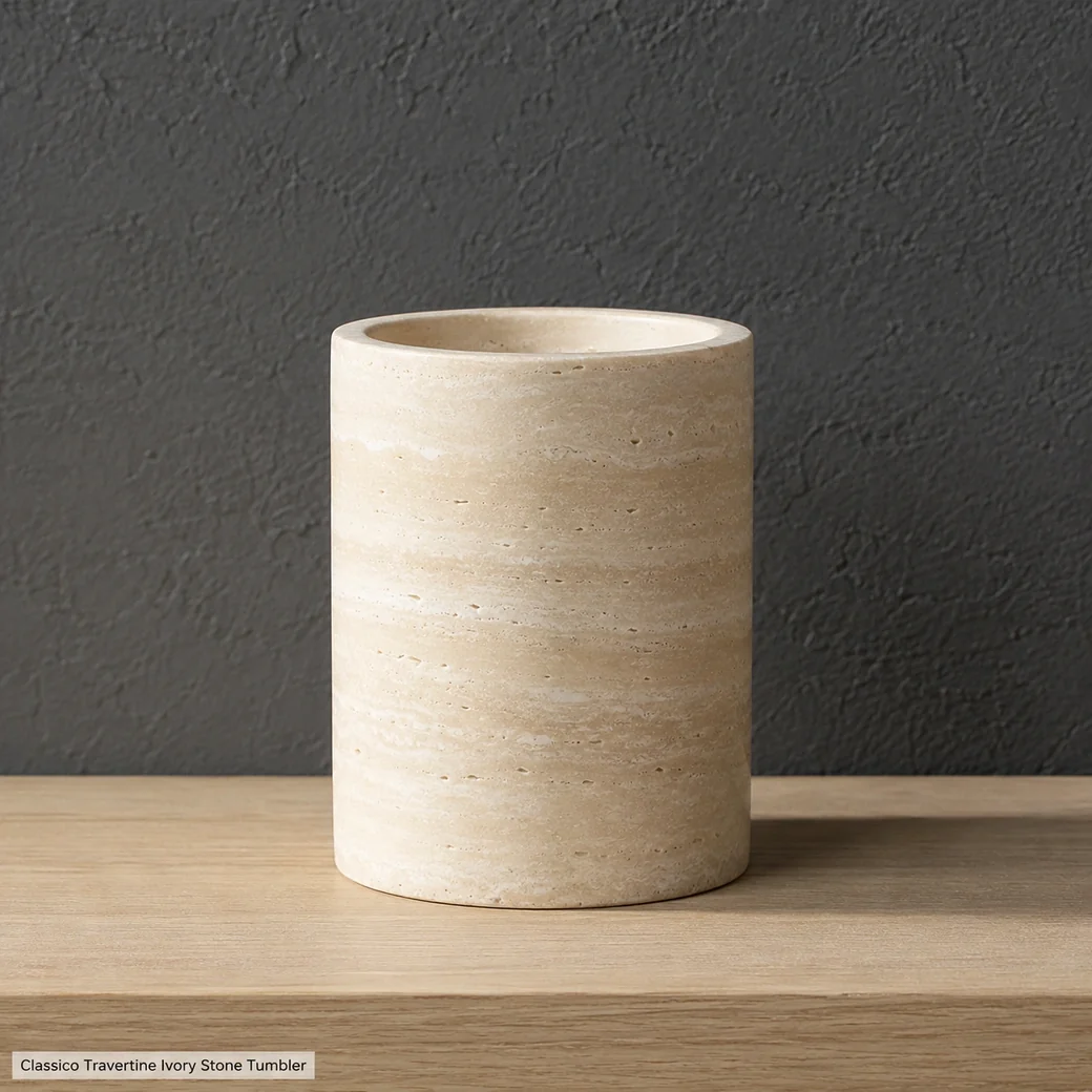 Side-profile ivory beige travertine toothbrush cup with filled pores and subtle horizontal banding