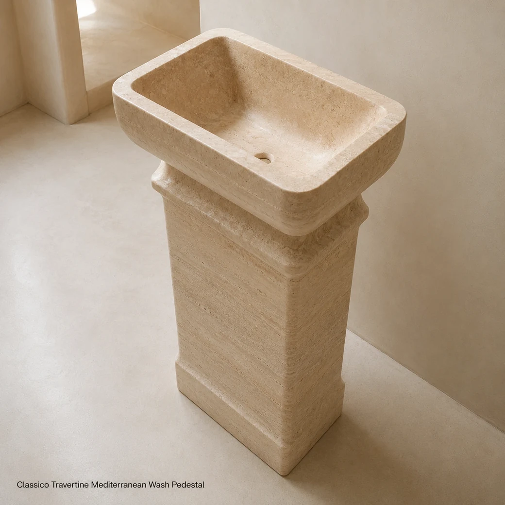High rear-view Mediterranean beige travertine pedestal basin showing bowl depth and satin honed stone