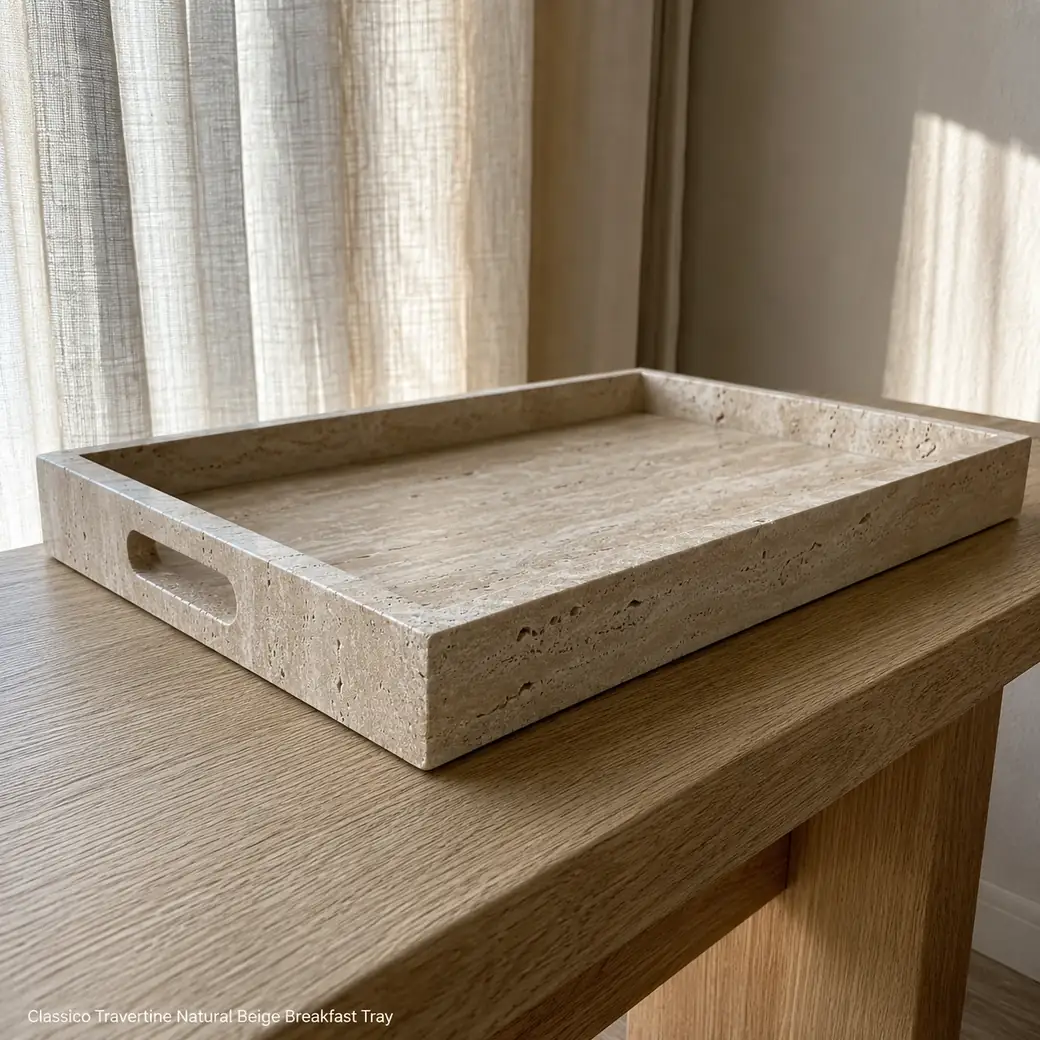 Classico travertine breakfast tray on pale oak bench, low oblique view showing carved grip slot and stone edge.