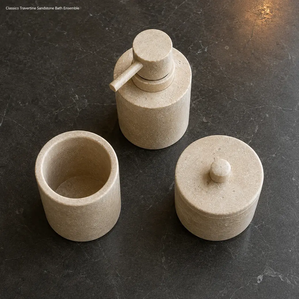 Top-down Italian beige travertine bathroom set arranged triangularly on dark limestone