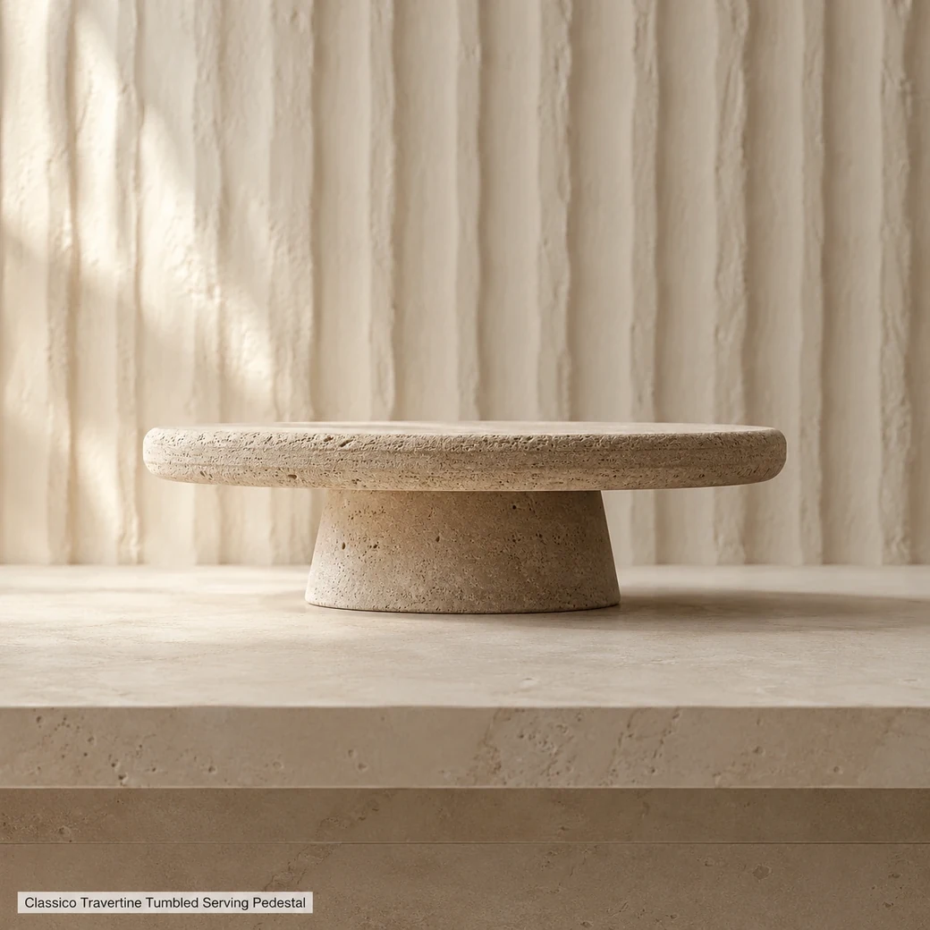 Side-silhouette Classico Travertine pedestal platter with soft cream stone and tumbled edges.