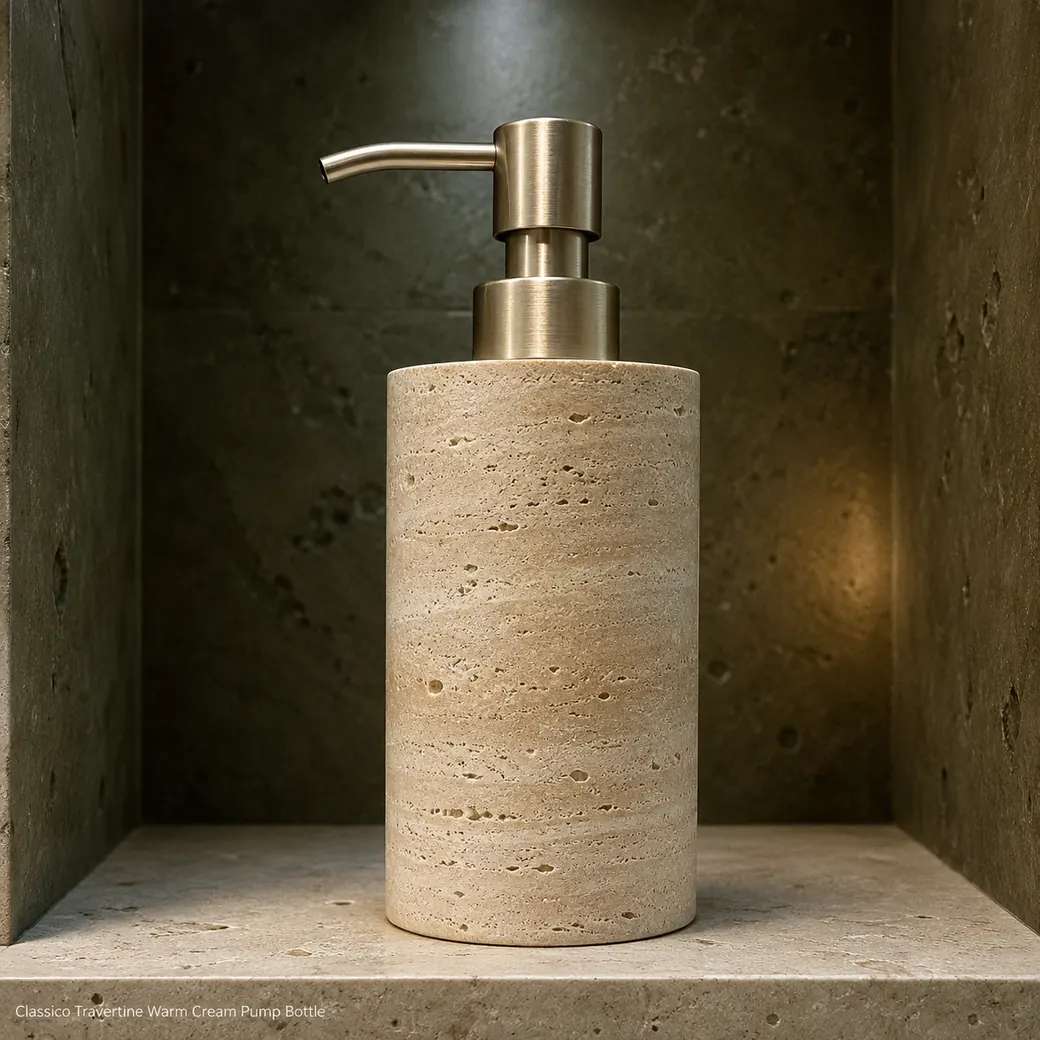 Low-angle Italian travertine soap pump in warm cream with honed stone and brushed-metal dispenser