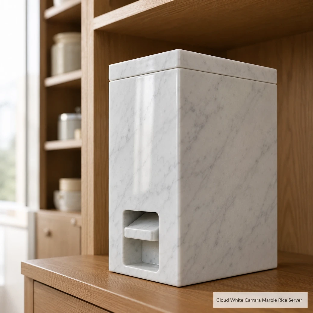 Cloud white Carrara rice server on an oak pantry shelf, viewed low from the right with lid and outlet visible