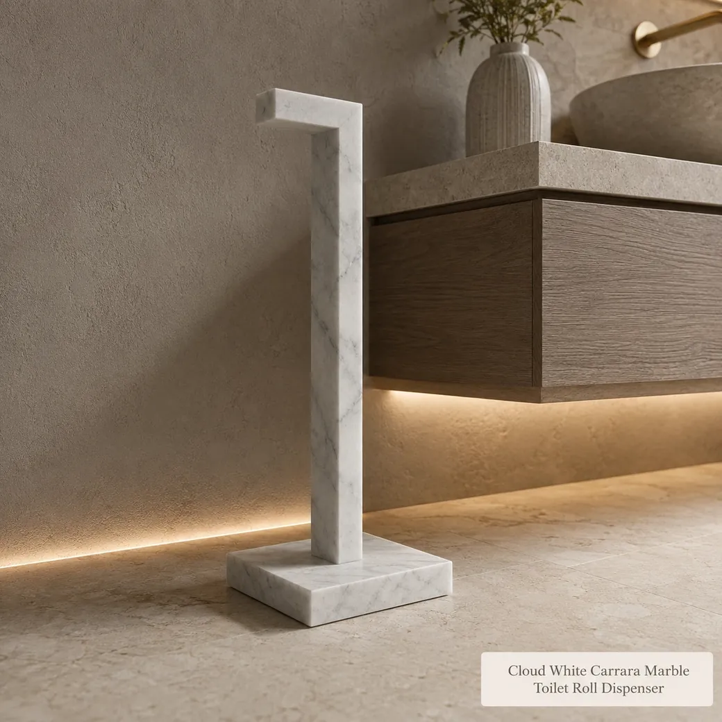 Cloud white Carrara toilet paper holder beside a floating vanity, low side view of its matte stone base