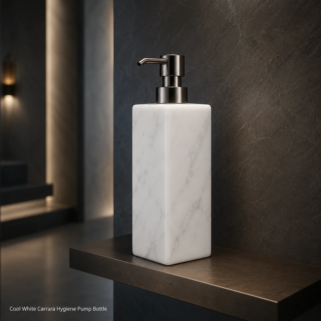 Cool white Carrara sanitizer bottle on bronze shelf, eye-level view with clean honed body and metal pump.
