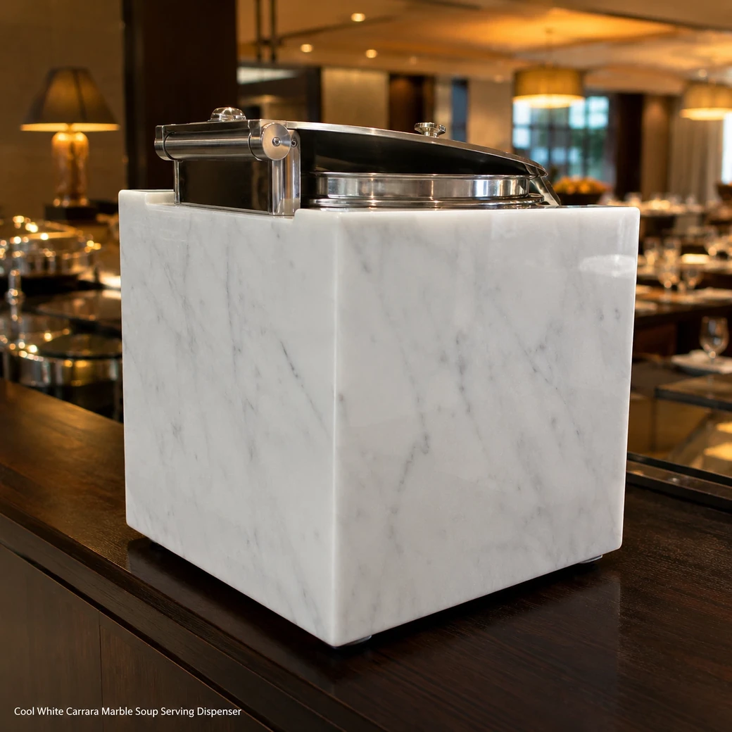 Cool white Carrara soup server on a walnut buffet, low rear view showing polished housing, rim and lid