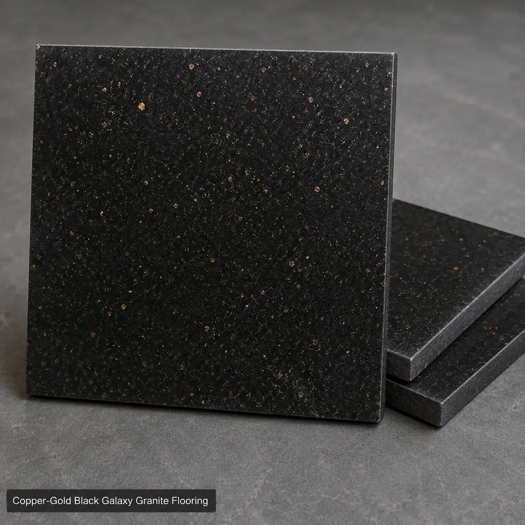 Black Galaxy granite flooring with deep black surface and copper-gold sparkles