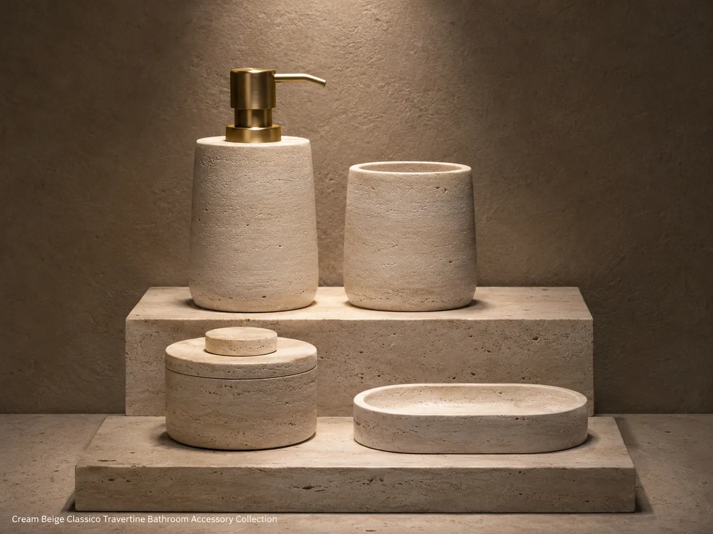 Classico travertine bath accessories arranged on stepped stone shelves against a warm taupe wall