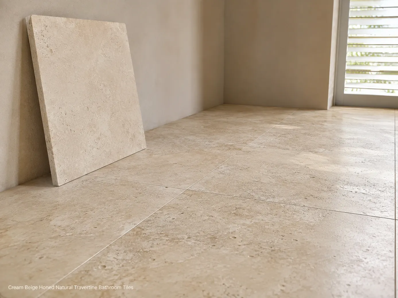 Low-angle cream travertine bathroom tile layout with one loose tile showing honed surface and 1.2 cm thickness.
