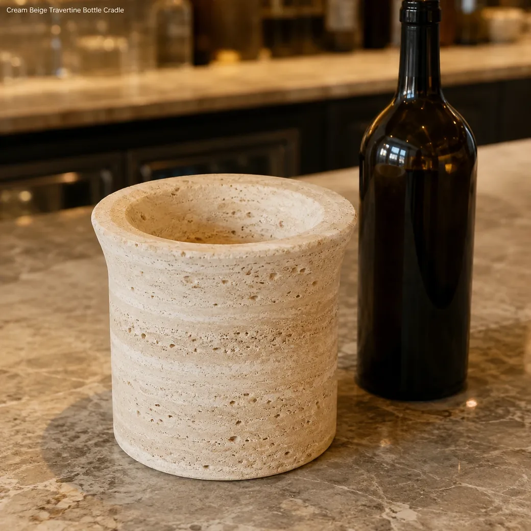 Cream beige travertine bottle cradle on stone bar counter, elevated rear view showing deep opening and honed bands.