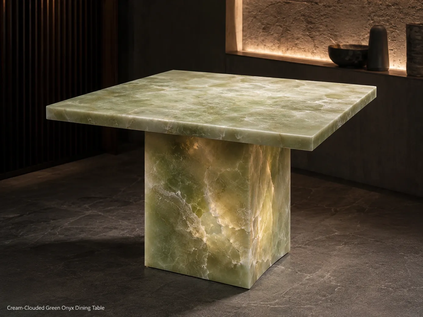 Green onyx dining table viewed from a low rear corner in a dark dining alcove with warm indirect light