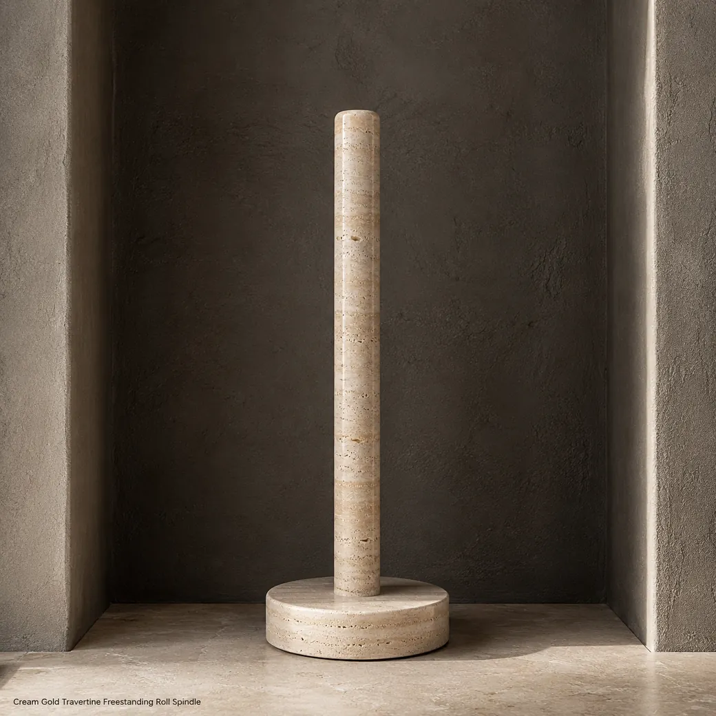 Front-view golden cream travertine paper stand in a dark niche with round base and natural banding.