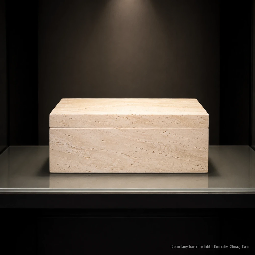 Closed cream-ivory travertine keepsake box shown front-on inside a charcoal display cabinet