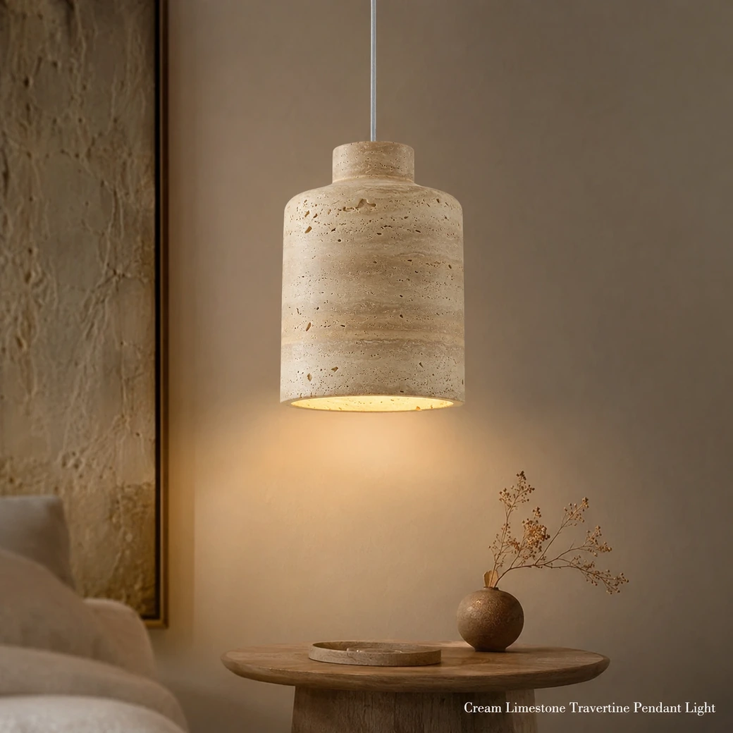 Cream limestone travertine pendant light with brushed beige stone and warm illumination