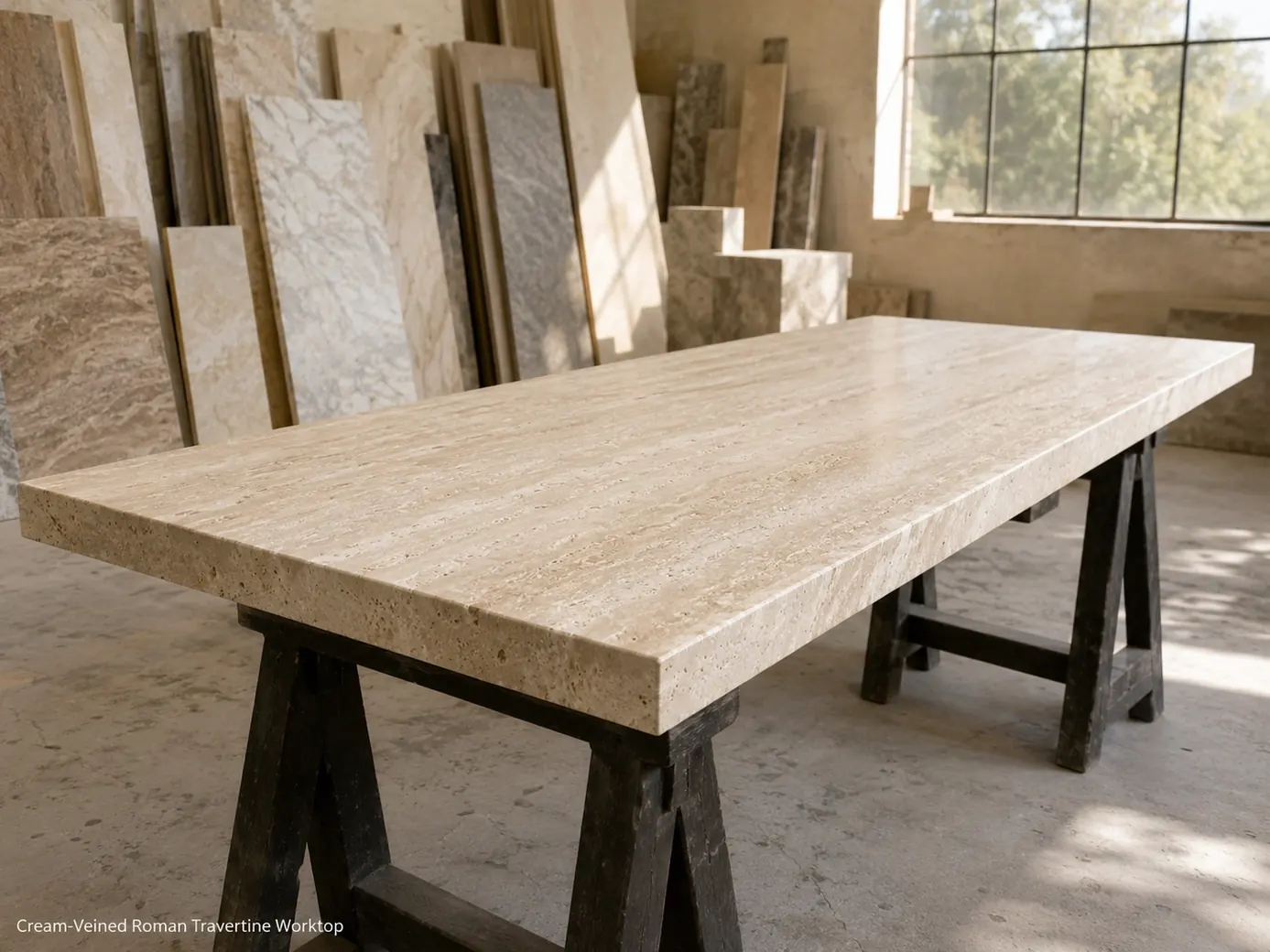 Roman travertine worktop on dark trestles, viewed from the edge in a bright stone workshop