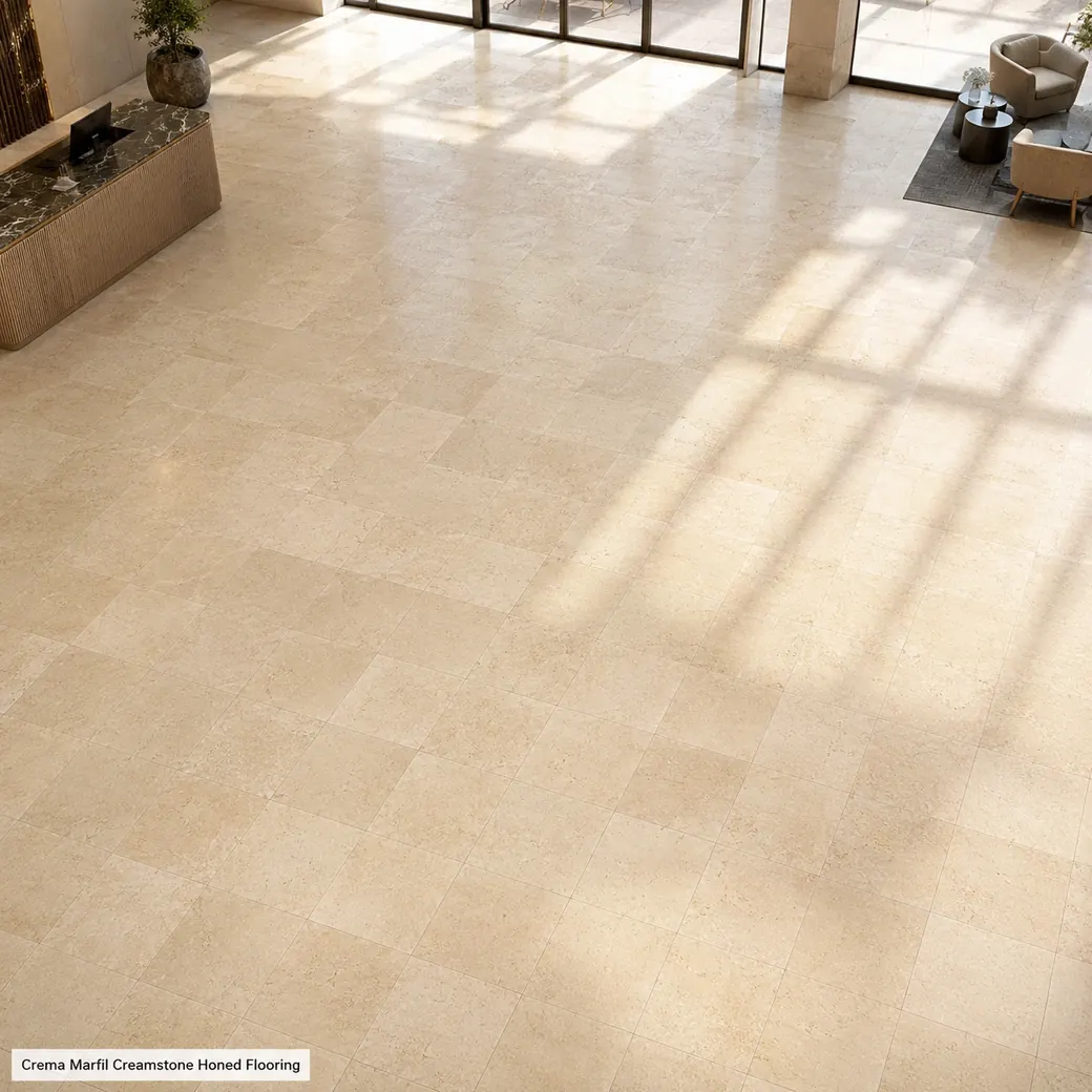 Mezzanine view of Crema Marfil honed flooring across a hotel lobby with ivory-cream tile grid.