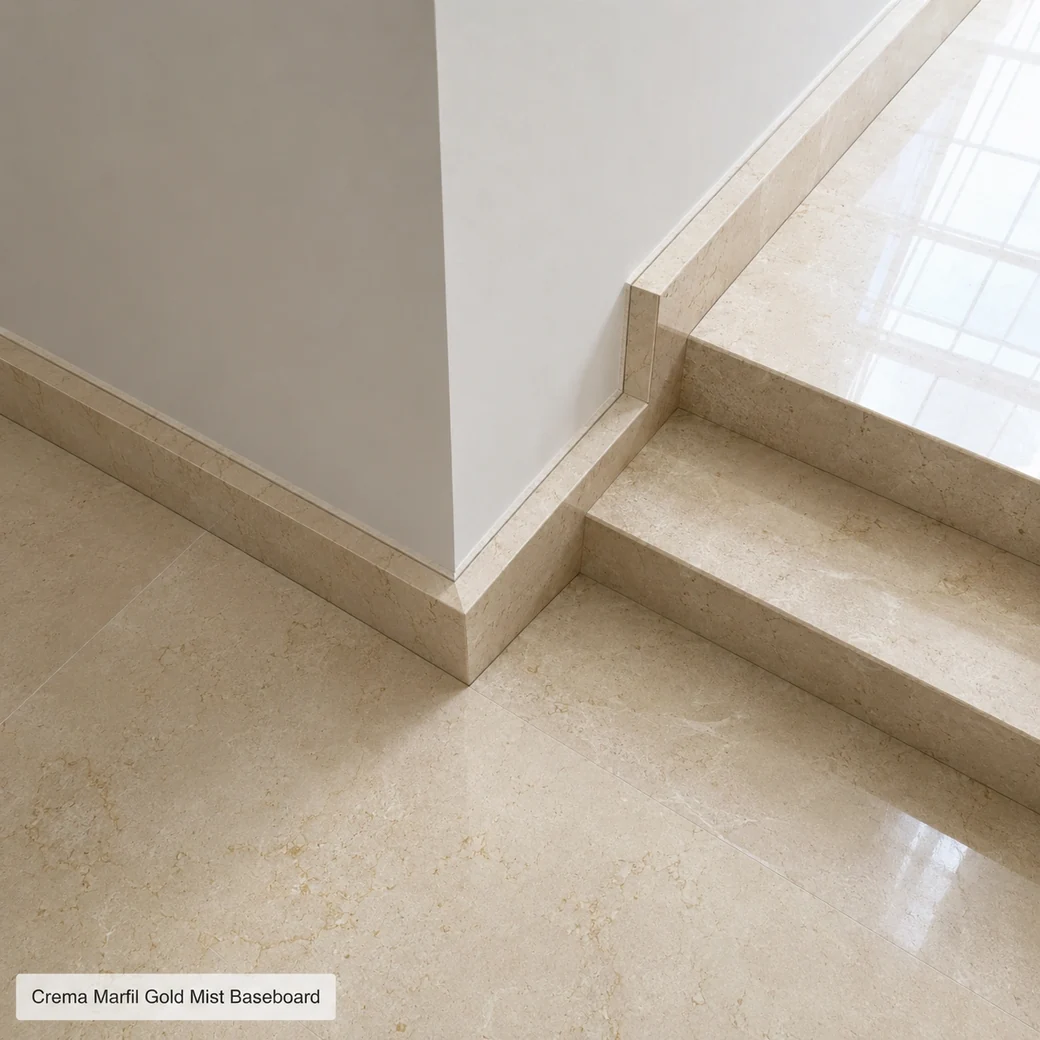 Top-down Crema Marfil skirting beside a stair landing, showing polished gold-veined limestone detail.