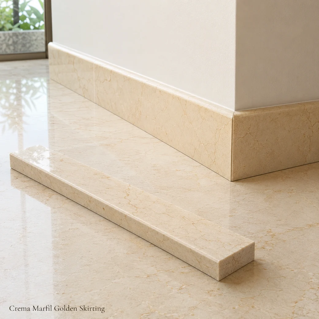 Crema Marfil polished skirting in warm cream beige with fine golden veining installed along a light wall.
