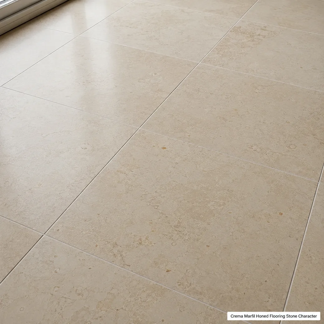 Low-sheen honed Crema Marfil flooring with ivory-cream tiles and natural low-contrast tonal variation