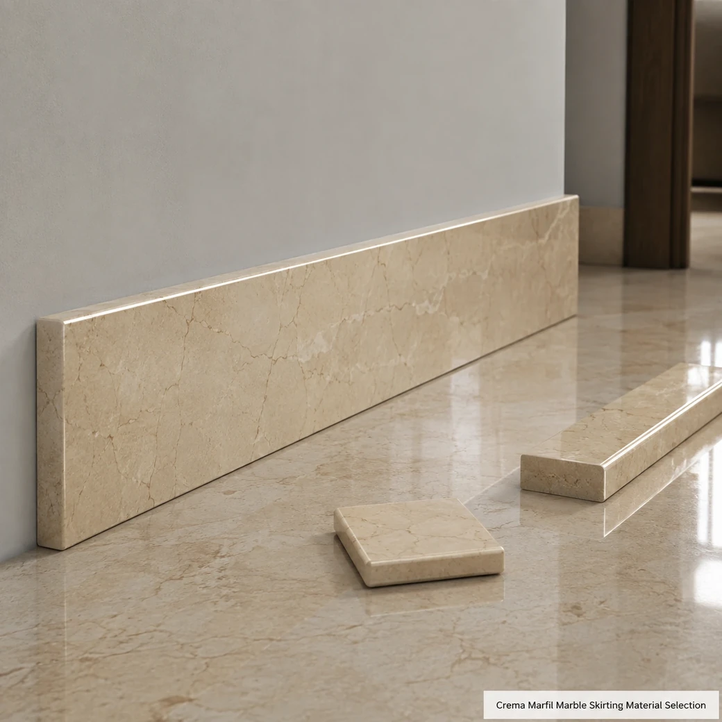 Mirror-polished Crema Marfil skirting with warm cream-beige limestone and subtle golden veining