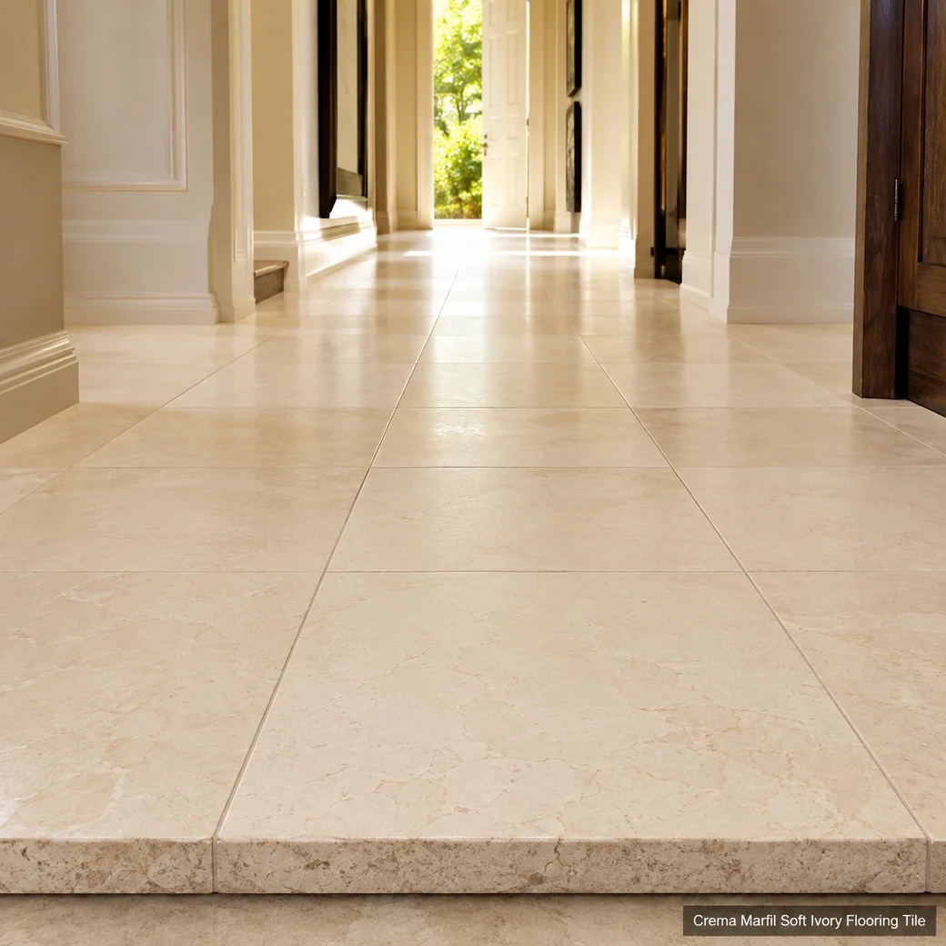 Crema Marfil flooring extending through a bright hallway with precise joints and soft ivory tonal variation.