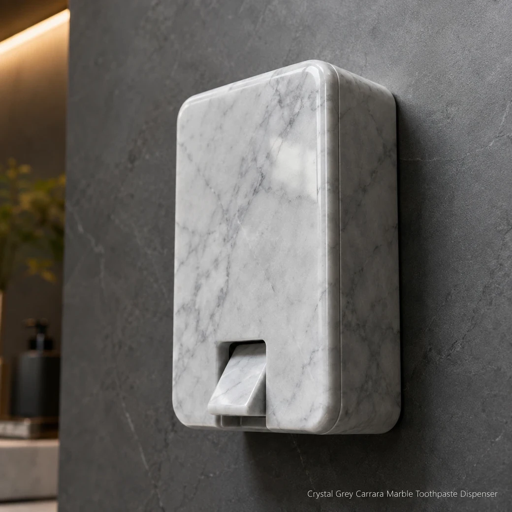 Crystal grey Carrara toothpaste dispenser on charcoal bathroom wall, low diagonal view showing polished side depth.