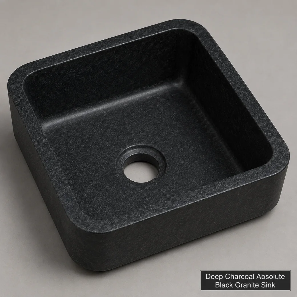 Deep charcoal Absolute Black granite sink with smooth honed finish