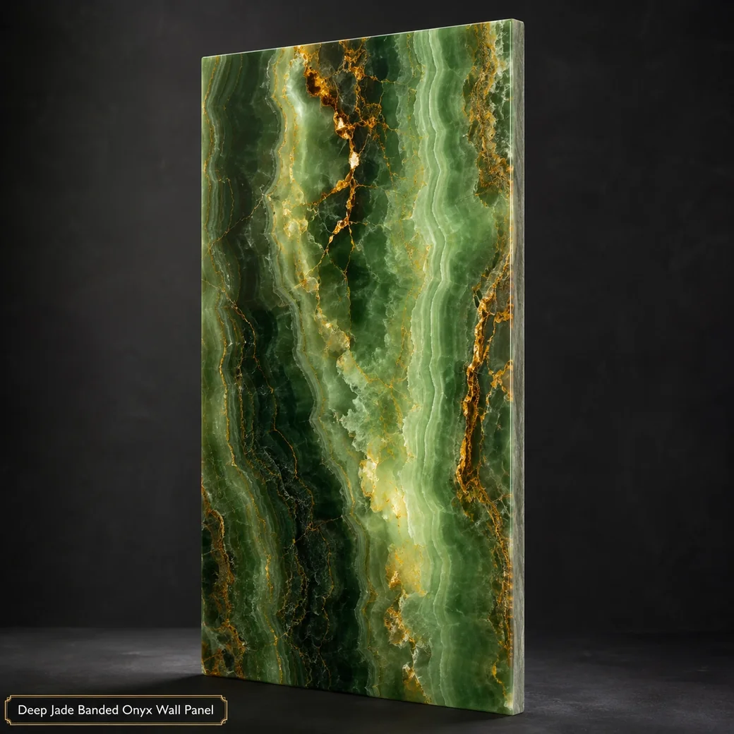 Deep jade green banded onyx wall panel with rust-gold veins