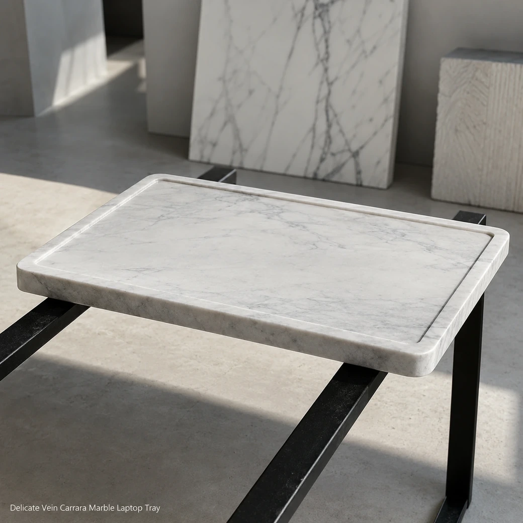 Carrara laptop tray on minimalist black stand, low diagonal view showing delicate veining and semi-polished edge.