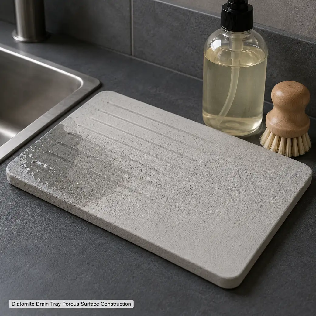 Fine-sanded diatomite drain tray with light stone-grey porous surface and moisture-absorbing texture