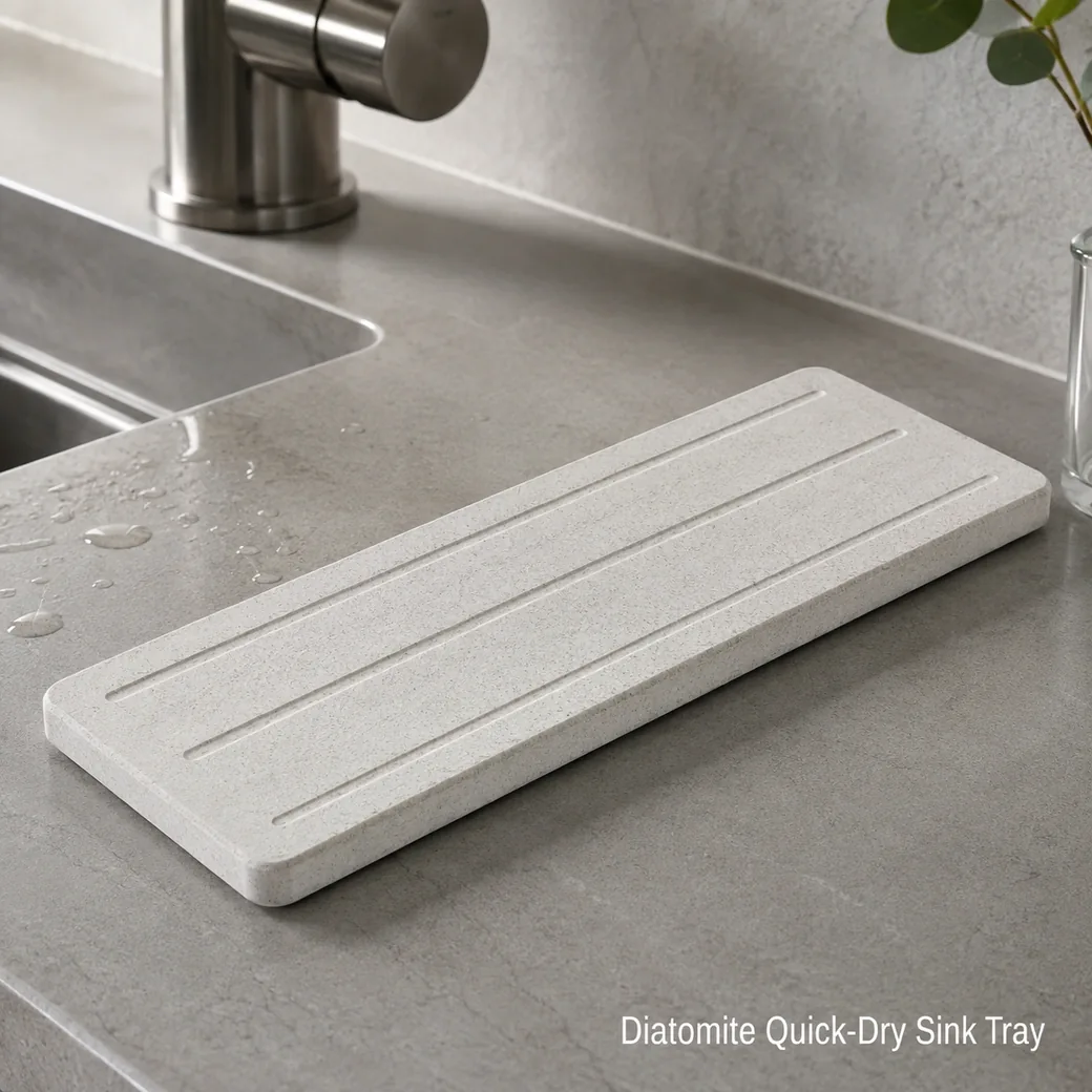Diatomite quick-dry sink tray in light stone grey with porous matte surface and drainage grooves.