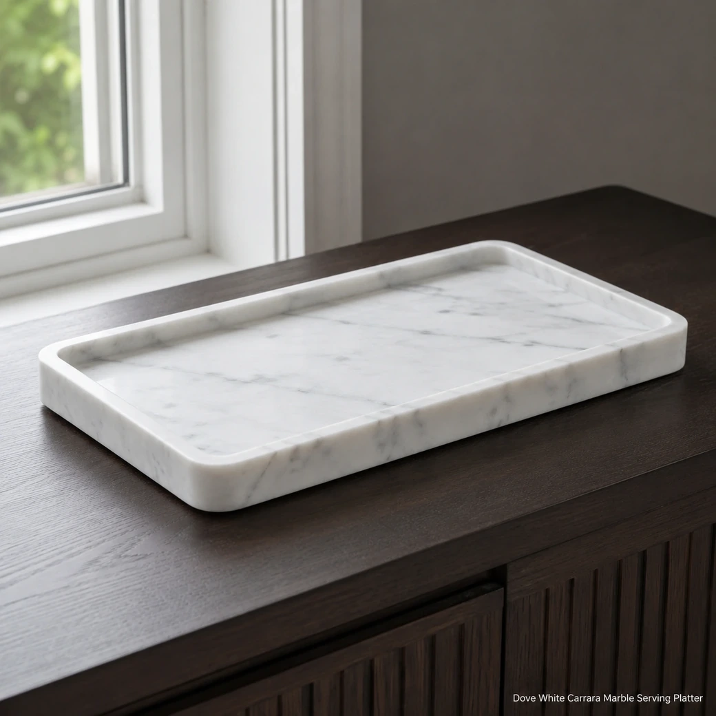 Dove white Carrara serving platter on dark sideboard, low rear view showing honed rim and soft grey movement.