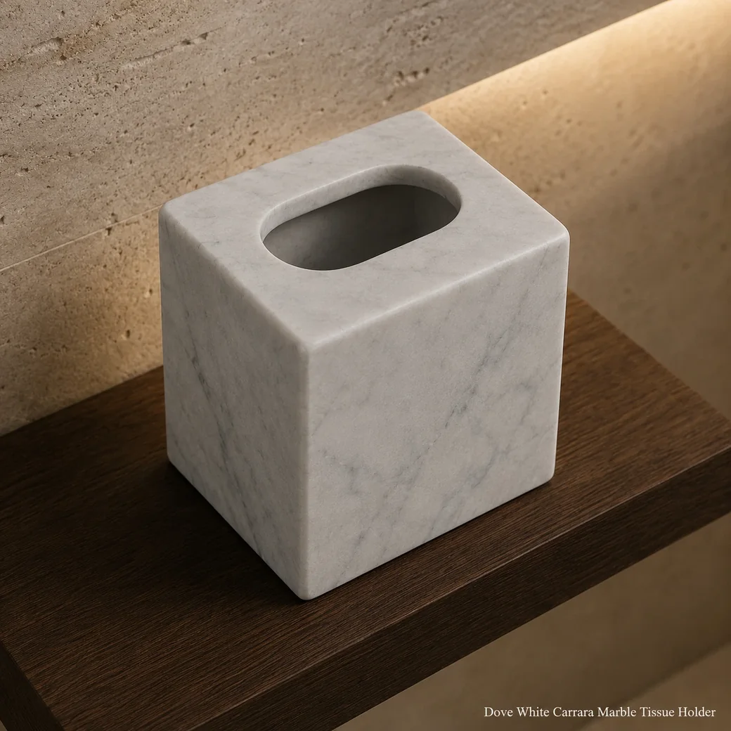 Dove white Carrara tissue holder on a dark oak shelf, high rear view showing empty oval opening and matte faces