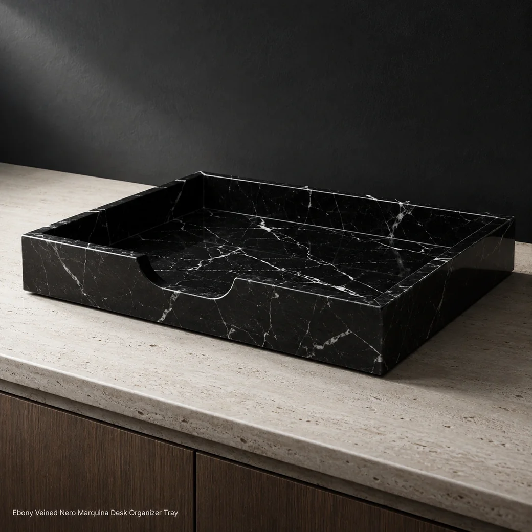 Nero Marquina office tray on pale travertine credenza, low desk-level view with ebony polish and irregular white veins.