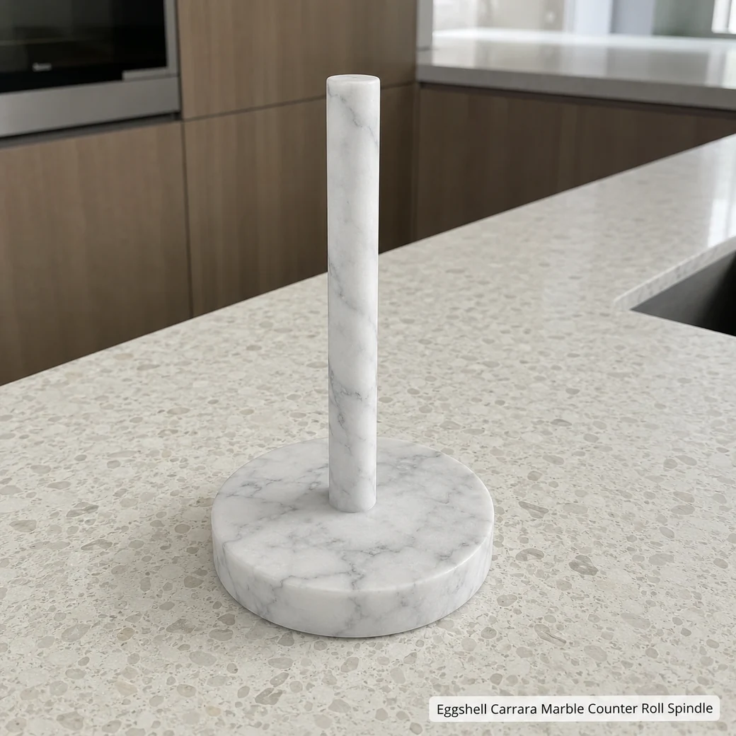 Carrara roll spindle on pale terrazzo, high rear view showing veined base and centered empty post.