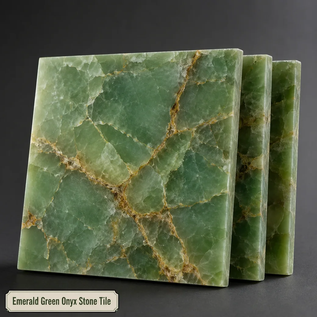 Emerald green onyx tiles with honey veining and honed finish