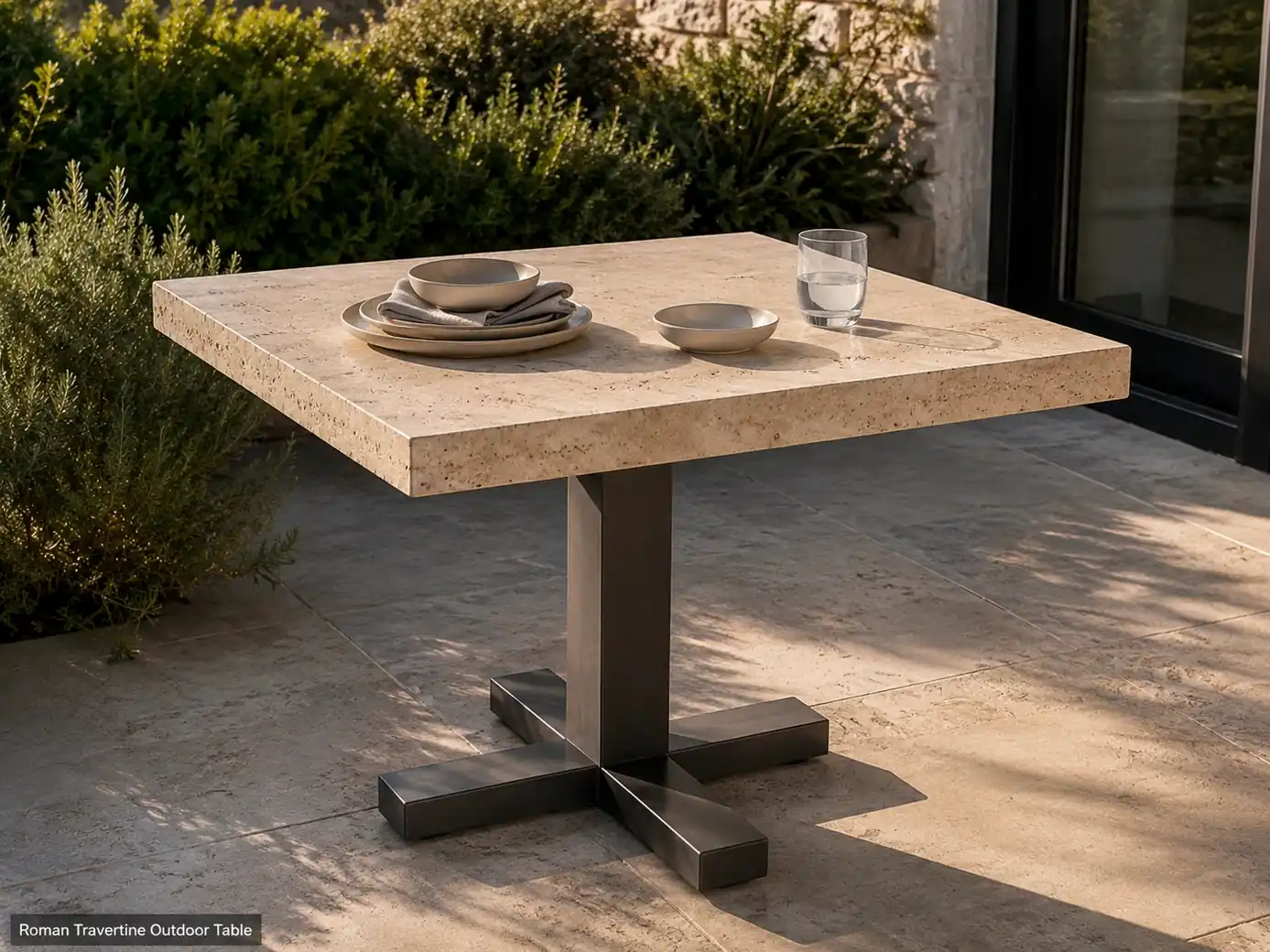Sanded Roman travertine outdoor table on a refined terrace with warm beige stone and sturdy support