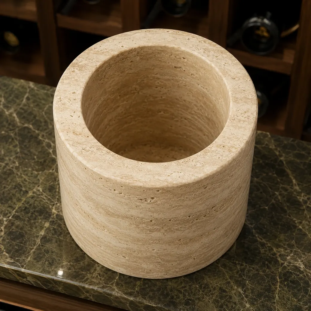 Cream travertine bottle cradle on dark olive shelf, top view revealing deep opening and natural banding.