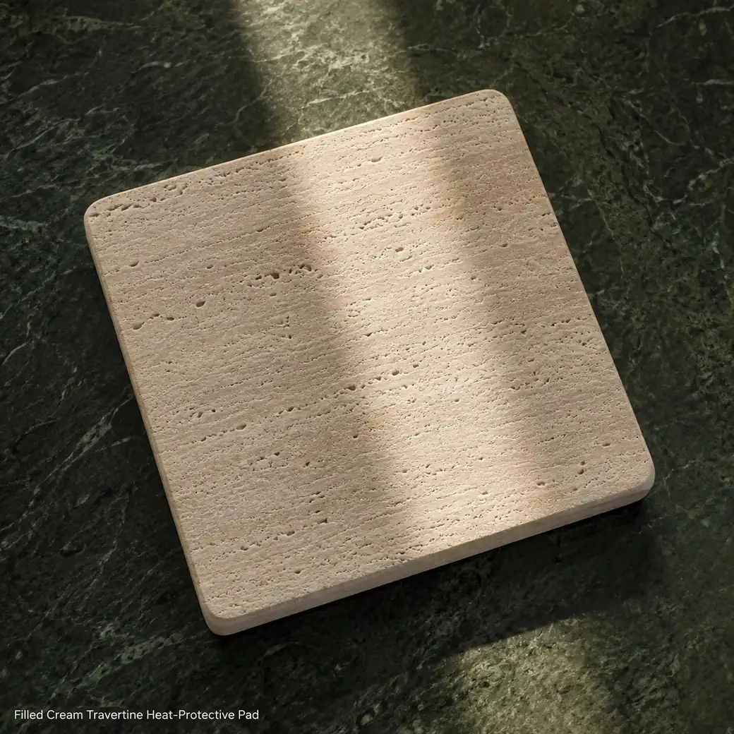 Warm cream travertine trivet on forest-green stone, overhead view revealing brushed texture and square geometry.