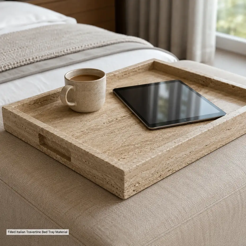 Filled brushed Italian Travertine bed tray with natural sand-beige stone and broad usable surface