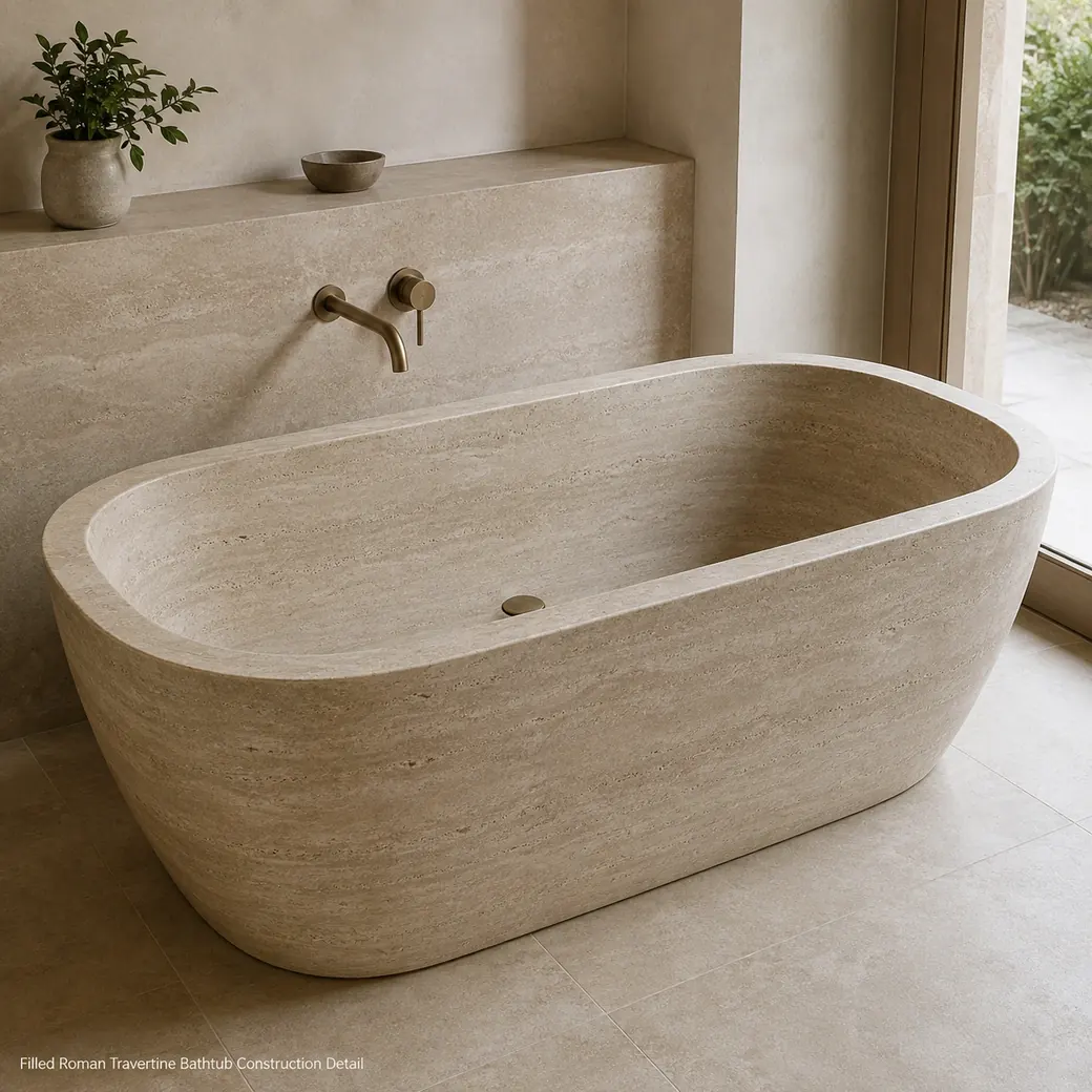 Filled satin-honed Roman Travertine bathtub showing light cappuccino stone and substantial construction