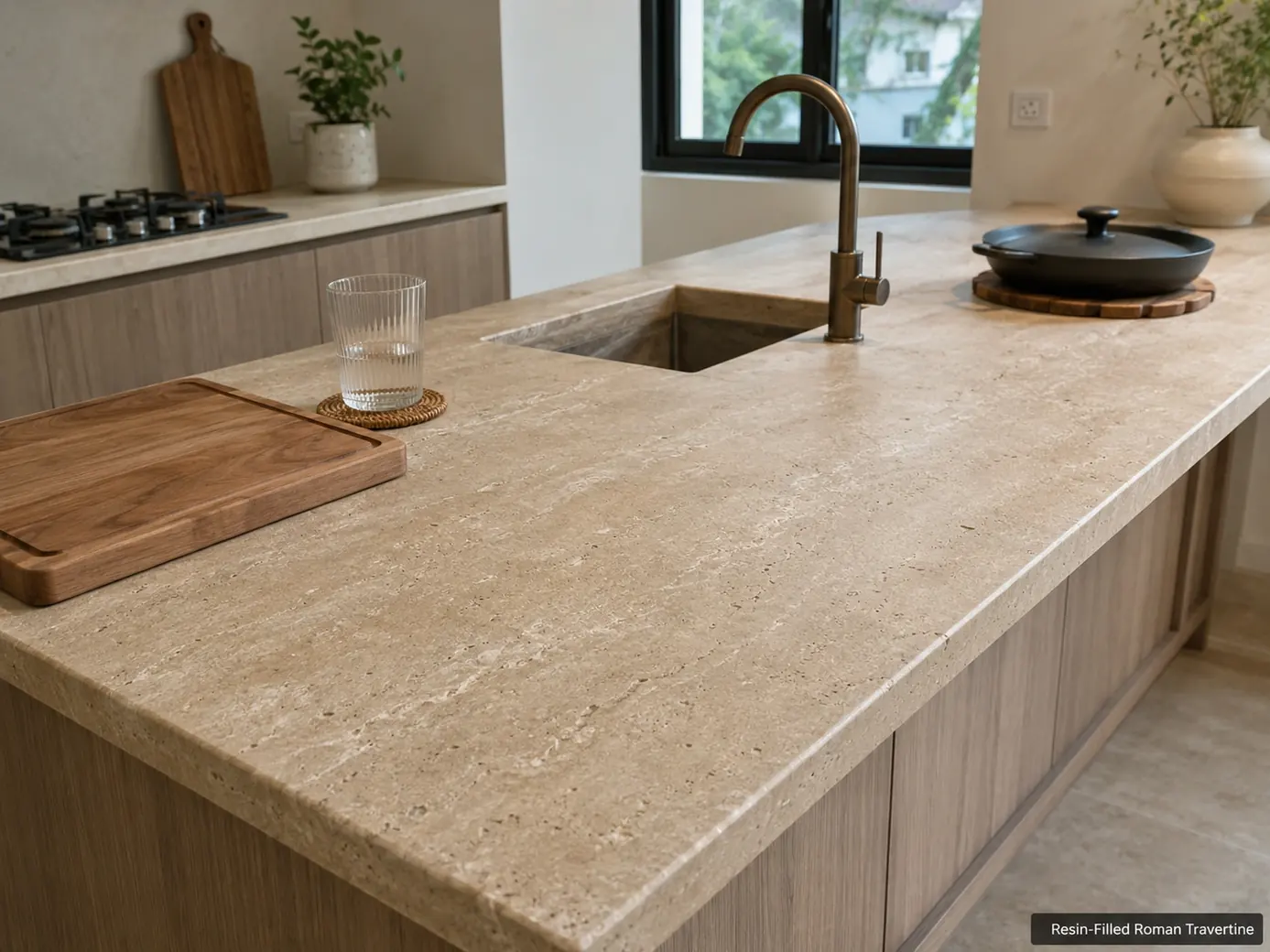 Honed resin-filled Roman travertine countertop with sink cutout, chopping board, coaster and hot pan on trivet.
