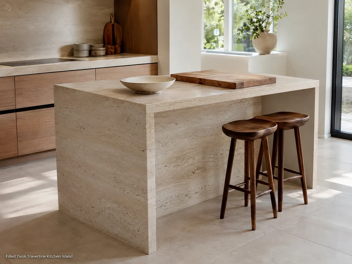 Honed Tivoli travertine kitchen island with waterfall ends, antique ivory tone and matched stone movement